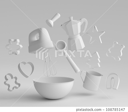 Metal bowl with electric mixer and cookie cutters on monochrome background 108785147