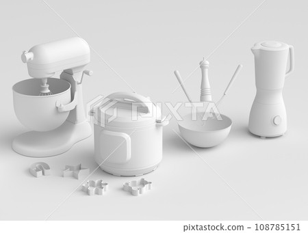 Mixer and bowl with kitchen utensil for preparation of dough on white background Mixer and bowl with kitchen utensil for preparation of dough on white background 108785151
