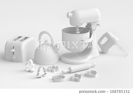 Mixer and bowl with kitchen utensil for preparation of dough on white background Mixer and bowl with kitchen utensil for preparation of dough on white background 108785152