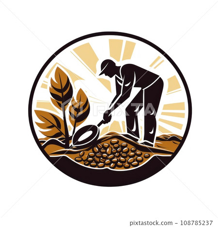 Vintage coffee beans abstract design logo, retro coffee harvesting illustration, coffee plant agriculture, retro coffee plantation worker, vintage, seed, generative AI, JPG 108785237