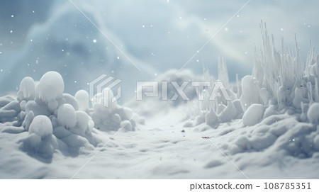 A snowy landscape with many snow covered rocks, AI 108785351