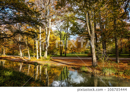 Golden autumn view in famous Munich relax place - Englischer Garten. Munich, Bavaria, Germany Golden autumn view in famous Munich relax place - Englischer Garten. Munich, Bavaria, Germany 108785444