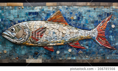 A fish made from mosaic tiles on a wall, AI 108785508