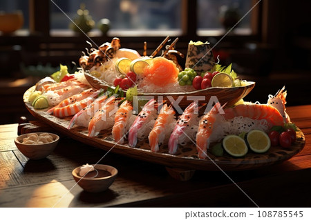 Set of a sushi boat with an assortment of sushi and sashimi, highlighting the artistry of sushi presentation Set of a sushi boat with an assortment of sushi and sashimi, highlighting the artistry of sushi presentation 108785545
