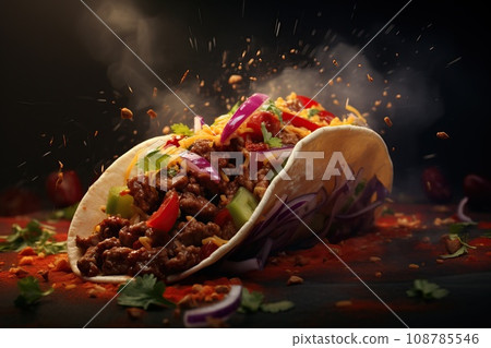 Close-up shot of a street-style taco with grilled meat, fresh salsa, and vibrant toppings 108785546