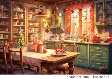 Retro illustration of a stylized New Year's Eve cafe with vintage furniture 108785554