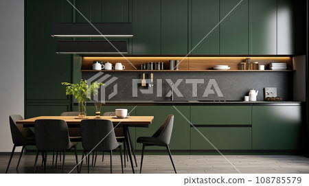 Gold and dark green kitchen. Minimalism. Gold and dark green kitchen. Minimalism. 108785579