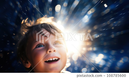 A young boy is smiling and looking up, AI 108785600