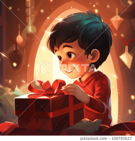 A boy holding a gift box in front of christmas decorations, AI 108785627