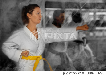 Multinational students repeat position and perform sequence of punches and painful techniques kata Multinational students repeat position and perform sequence of punches and painful techniques kata 108785659