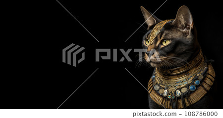 Portrait of a cat on a black background in a stylish outfit of an Egyptian pharaoh. Generative AI 108786000