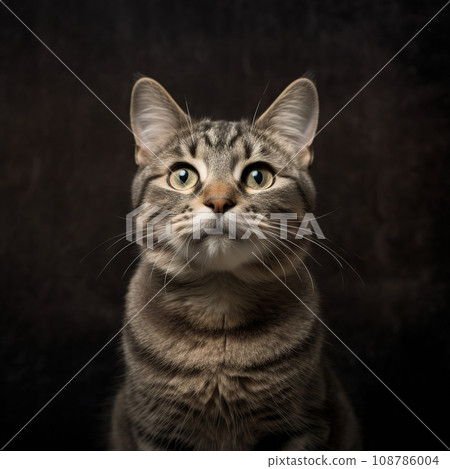 Portrait of a cat For cat food advertising. Selective focus. The muzzle of a brown domestic cat. Generative AI 108786004