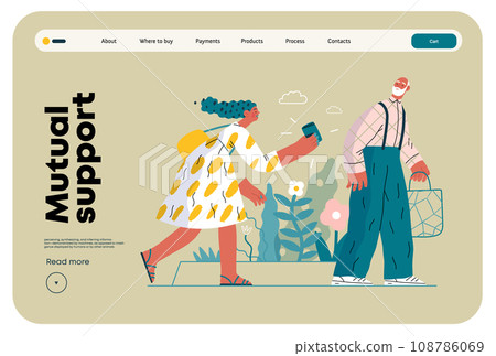 Mutual Support: Picking Up the Dropped Item -modern flat vector concept illustration of a woman who picked up a wallet lost by an elderly man Metaphor of voluntary, collaborative exchanges of services 108786069