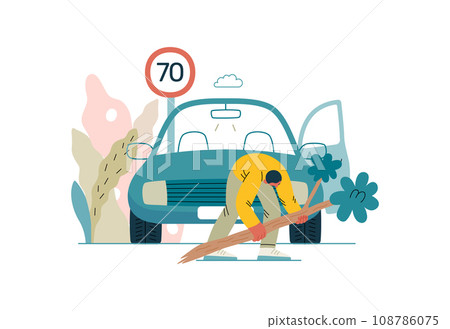 Mutual Support: Clearing an obstacle from the way -modern flat vector concept illustration of a man removing a fallen branch from the road A metaphor of voluntary, collaborative exchanges of services 108786075