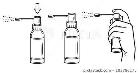 Medical spray for sore throat, use pharmacy mouth hygiene sprayer, liquid oral aerosol medicine instruction line icon set. Press hand on antiseptic dispenser bottle. Household chemical product. Vector 108786173