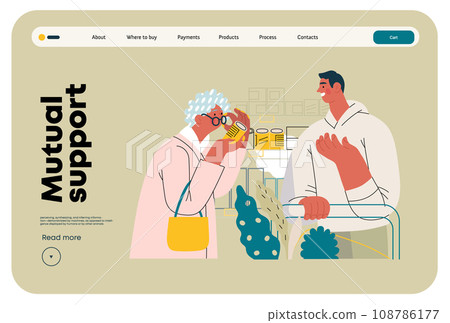 Mutual Support: Helping a visually impaired person -modern flat vector concept illustration of man offering to read label for woman in supermarket A metaphor of voluntary, collaborative exchanges Mutual Support: Helping a visually impaired person -modern flat vector concept illustration of man offering to read label for woman in supermarket A metaphor of voluntary, collaborative exchanges 108786177