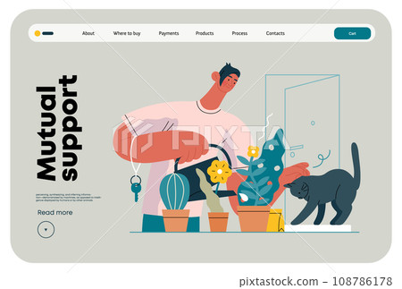 Mutual Support: Look after neighbor's house -modern flat vector concept illustration of man watering plants, looking after neighbors' cat A metaphor of voluntary, collaborative exchanges of services 108786178