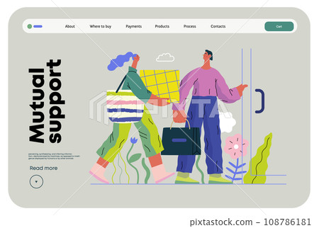 Mutual Support: Door Holding - modern flat vector concept illustration of woman carrying heavy box and man holding door for her. A metaphor of voluntary, collaborative exchanges of resource, services Mutual Support: Door Holding - modern flat vector concept illustration of woman carrying heavy box and man holding door for her. A metaphor of voluntary, collaborative exchanges of resource, services 108786181