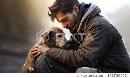 A man hugs a homeless dog in gray rainy weather. Pet adaptation concept. A man hugs a homeless dog in gray rainy weather. Pet adaptation concept. 108786212