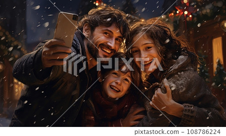 Family dressed in winter attire captures a selfie with their phone, set against the backdrop of a Christmas decorations Family dressed in winter attire captures a selfie with their phone, set against the backdrop of a Christmas decorations 108786224