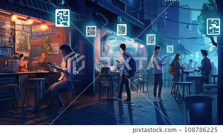 Futuristic image of a street in neon colors with QR codes. Contactless payment concept. Futuristic image of a street in neon colors with QR codes. Contactless payment concept. 108786225