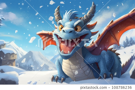 Fantasy dragon in the snow. 3D illustration. Fantasy dragon in the snow. 3D illustration. 108786236