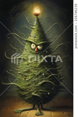 A whimsical caricature of a Christmas tree with lwith eyes and ong needles twisted A whimsical caricature of a Christmas tree with lwith eyes and ong needles twisted 108786239