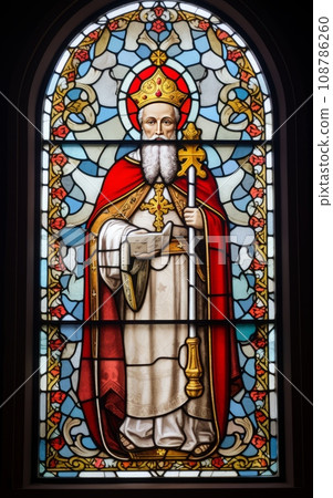 Stained Glass Windows with Saint Nicholas: Stained glass or window decorations featuring Saint Nicholas, creating a festive mood 108786260