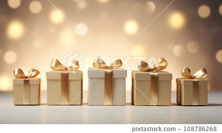 Golden gift boxes on abstract background, copy space Golden gift boxes on abstract background, copy space 108786268