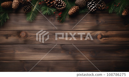 Christmas background with fir tree and decoration on dark wooden board,copy space Christmas background with fir tree and decoration on dark wooden board,copy space 108786275