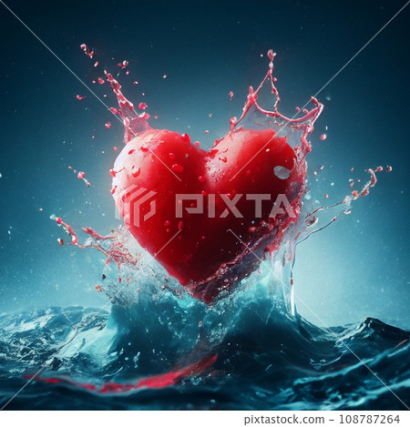 一顆紅色的心被水濺濕 108787264