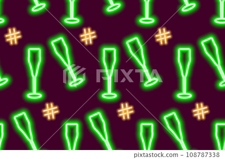 Abstract seamless pattern of neon wineglasses with hashtag. Cheers. Merry Xmas and Happy New Year 108787338