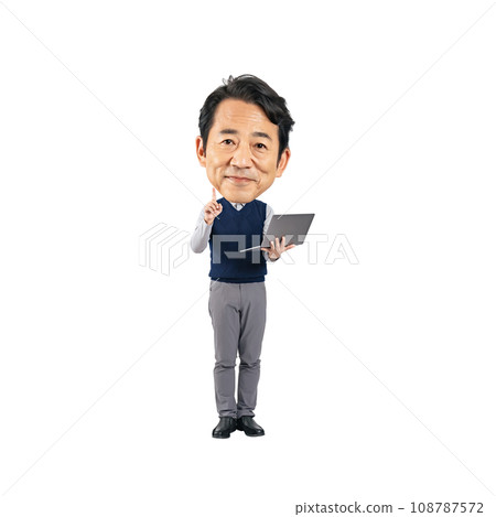PNG一名拿著筆記型電腦的中年男子的三頭變形人物，剪裁背景透明 108787572