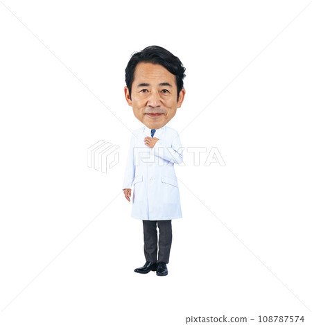 PNG身穿白大褂的中年醫生的三頭畸形人物，剪裁背景透明 108787574