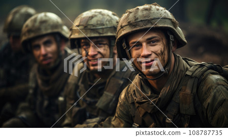 Smiling soldiers pose for photo after training, men in modern uniform in forest. Portrait of group of happy military male with dirty faces. Concept of war, army, young people 108787735