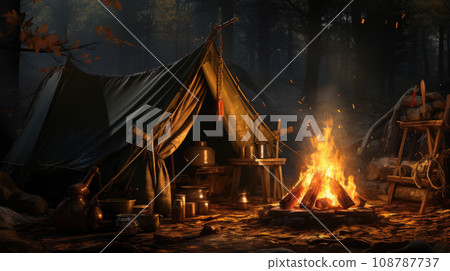 Camping fire and tent in forest at night, campfire in dark woods in summer. Bonfire near vintage cabin, hiking gear and equipment. Theme of nature, travel, kitchen, family, adventure 108787737