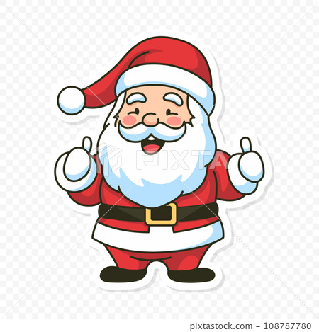 Flat Vector Portrait of Smiling Happy Santa Claus Showing Like Sign with Thumb. Cartoon Christmas Santa Claus Sticker Icon, Isolated Vector Illustration, Front View 108787780