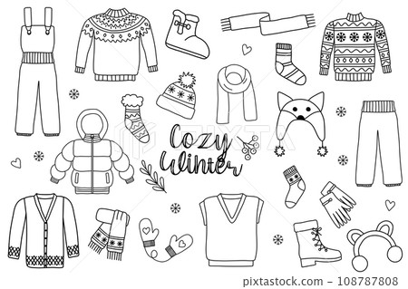 Set of cozy warm winter clothes and accessories, doodle style flat vector outline for coloring book 108787808