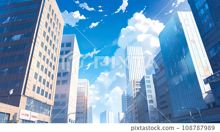 藍天和城市摩天大樓的動漫風格插畫“AI生成圖像” 108787989