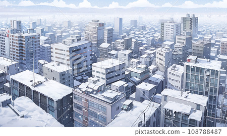 Anime style illustration landscape of a city covered with snow "AI generated image" 108788487