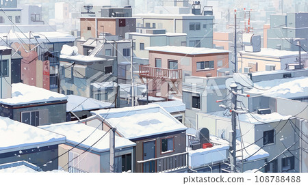 Anime style illustration landscape of a city covered with snow "AI generated image" 108788488