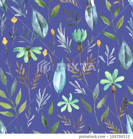 Watercolor seamless pattern with dark green plants and flowers. Hand drawn artistic print for design and textile Watercolor seamless pattern with dark green plants and flowers. Hand drawn artistic print for design and textile 108788512