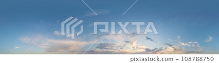 Dark blue sunset sky panorama with pink Cumulus clouds. Seamless hdr 360 panorama in spherical equirectangular format. Full zenith for 3D visualization, sky replacement for aerial drone panoramas. 108788750