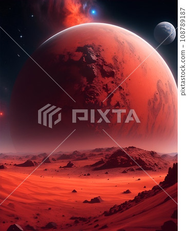 Beautiful space landscape painting with a red earth planet Beautiful space landscape painting with a red earth planet 108789187