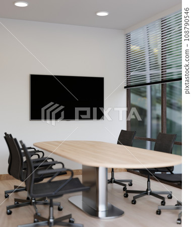 Interior design of a modern meeting room with a meeting table and a TV screen on the wall. Interior design of a modern meeting room with a meeting table and a TV screen on the wall. 108790546