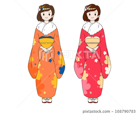 Two girls with bob wearing floral kimono Two girls with bob wearing floral kimono 108790783