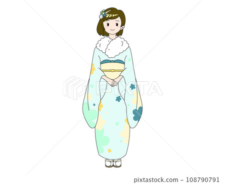 A girl with a bob wearing a light blue kimono with a floral pattern A girl with a bob wearing a light blue kimono with a floral pattern 108790791