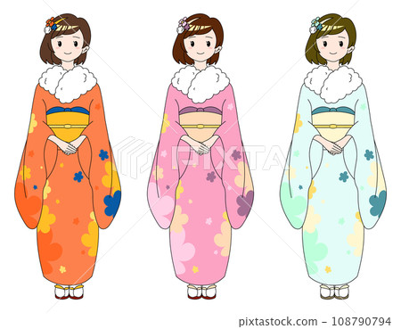 Three bob girls wearing floral kimonos 108790794
