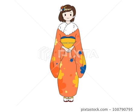 A bob girl wearing an orange kimono with a floral pattern 108790795