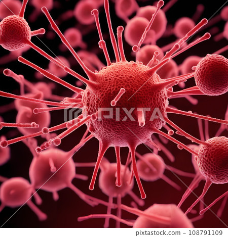 A close up digital illustration of a red virus. 108791109